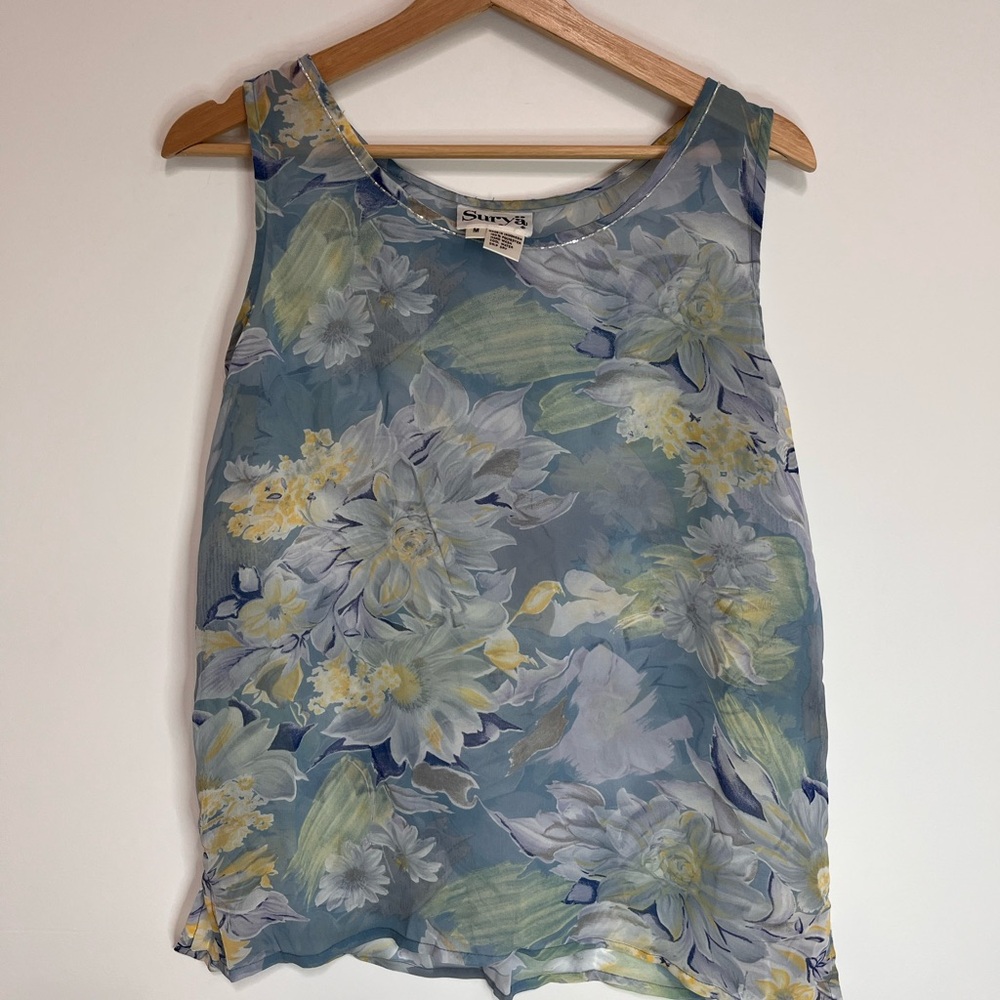 Floral Sheer Sleeveless Top - Blue and Yellow Size M